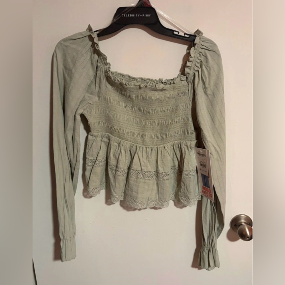 NWT Celebrity Pink Green Smocked Ruffle Top size S
